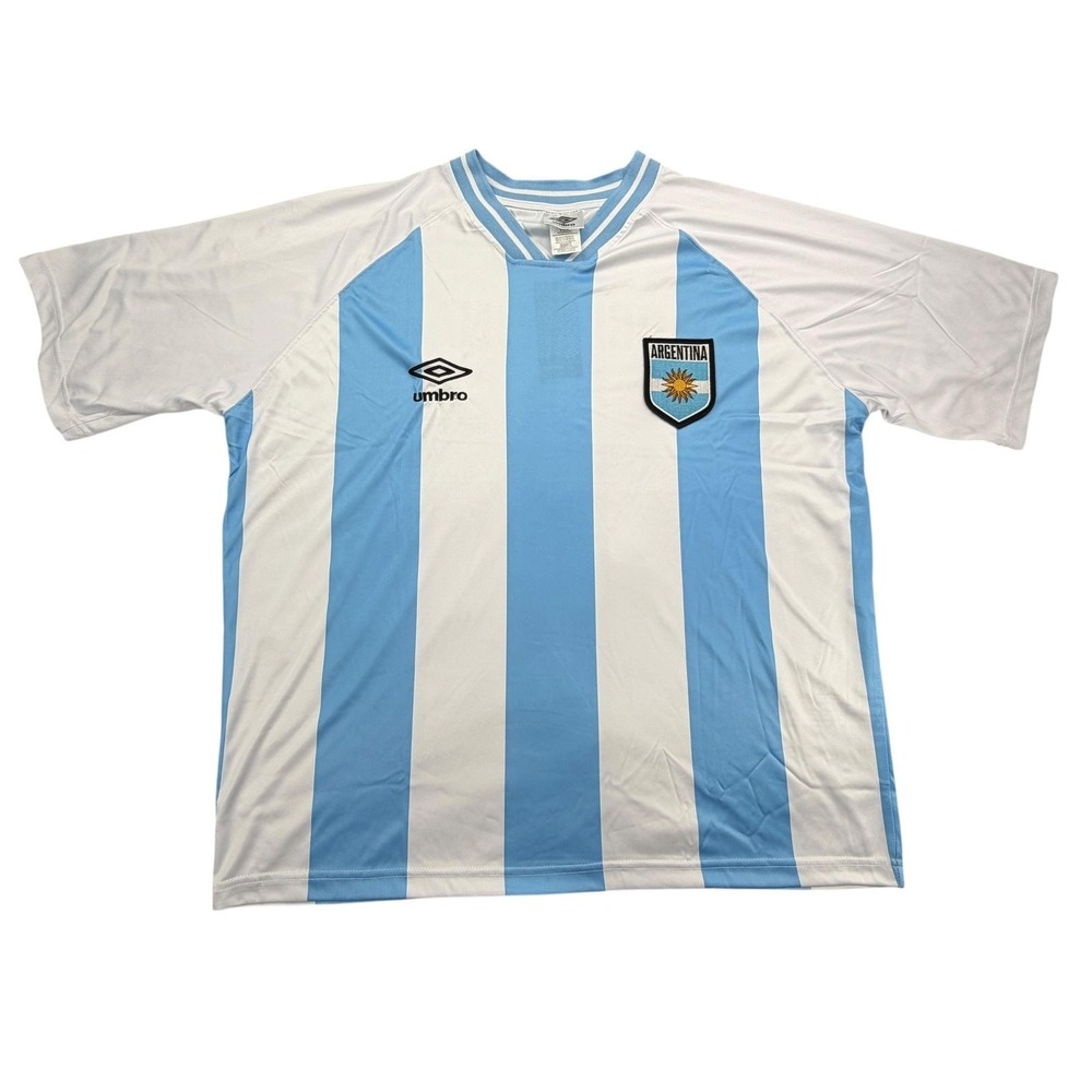 Umbro Argentina Jersey Mens Large Blue White Soccer Striped Fan Top Shirt
